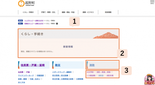 大分類のページで新着情報のエリアに1中分類に2小分類に3を示している画像