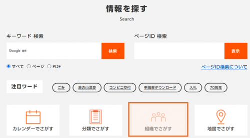 検索エリア内の組織で探すクリック箇所を示した画像