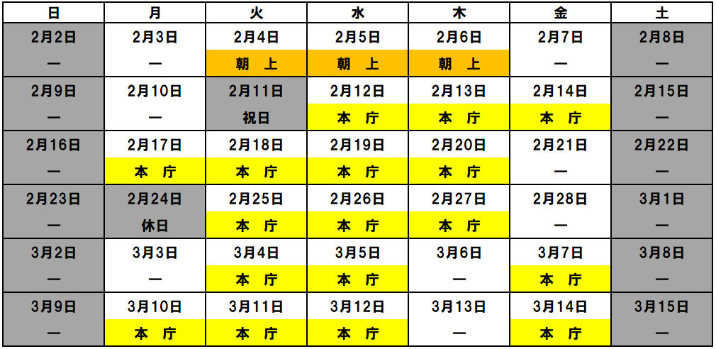 日程表　2月4日火曜日朝上、2月5日水曜日朝上、2月6日木曜日朝上、2月12日水曜日本庁、2月13日木曜日本庁、2月14日金曜日本庁、2月17日月曜日本庁、2月18日火曜日本庁、2月19日水曜日本庁、2月20日木曜日本庁、2月25日火曜日本庁、2月26日水曜日本庁、2月27日木曜日本庁、3月4日火曜日本庁、3月5日水曜日本庁、3月7日金曜日本庁、3月10日月曜日本庁、3月11日火曜日本庁、3月12日水曜日本庁、3月14日金曜日本庁